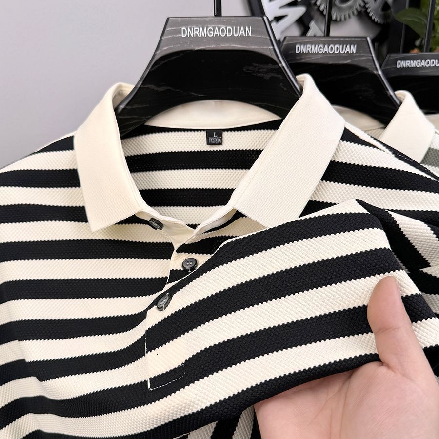 2026 New Luxury Designer Men's Summer Striped Polo Shirt Casual American High Street Ins All-match Fashion Casual Tops