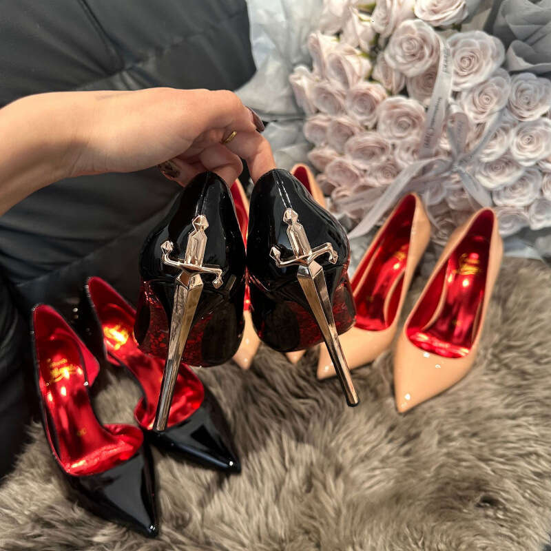 Huangbu Women S Shoes Gold Scepter High Heels New Model Thin Heel Comfortable Printed Red Sole Pointed Toe Leather Pumps