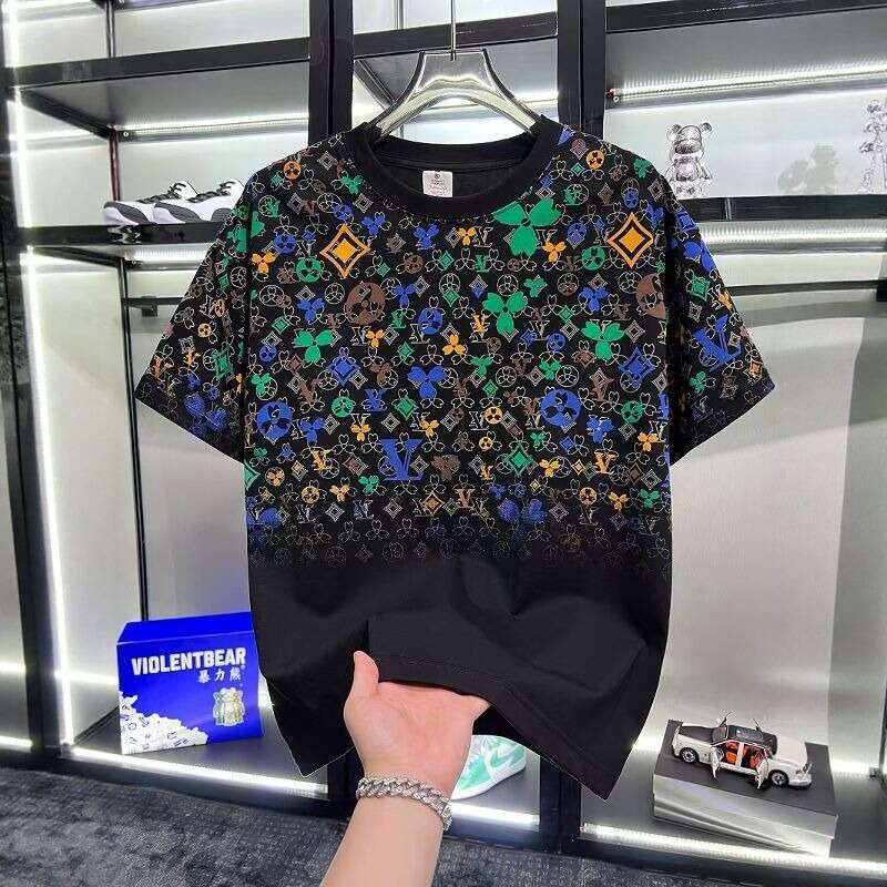 Men's Letter Print & Colorful Pattern T-Shirt, Summer Trendy Round Neck Casual Short Sleeve