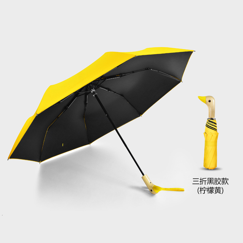 Umbrella Male Cute Duck Head Wood Handle 3 Folding Windproof Black Coating UV Protection Women Rain Parasol Automatic Umbrellas 250220