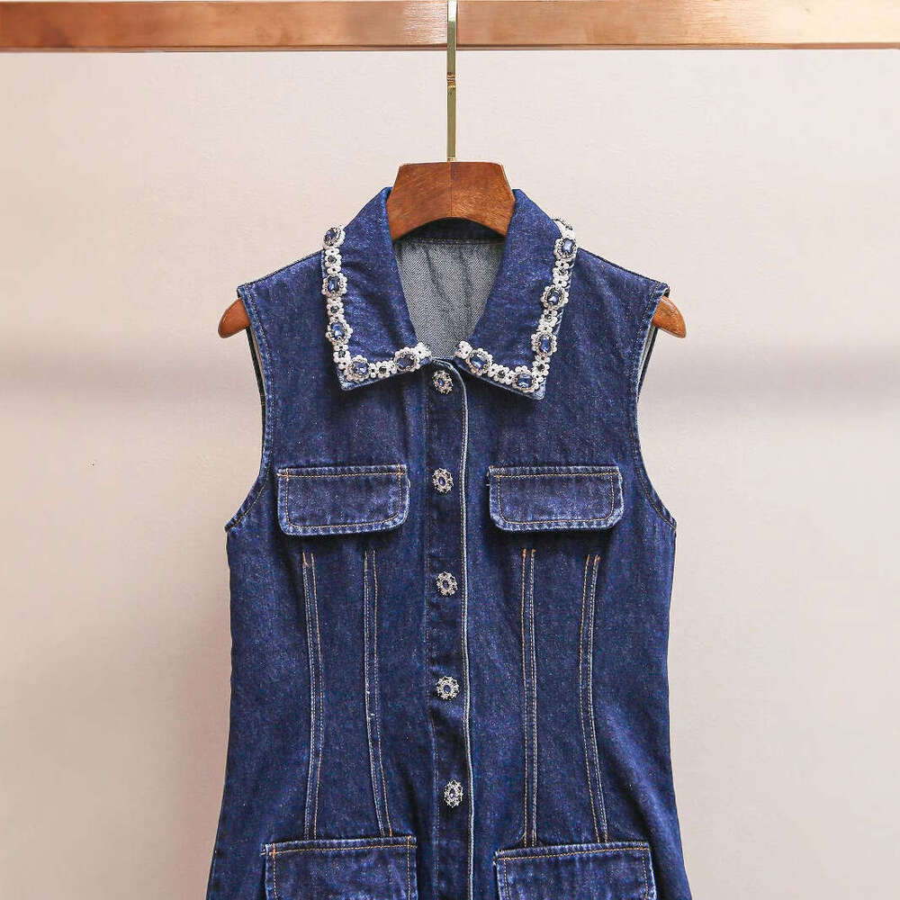 FC Spring and summer new designer simple and mature k30 women's FC high-end pearl embellishment lapel sleeveless single breasted pleated skirt