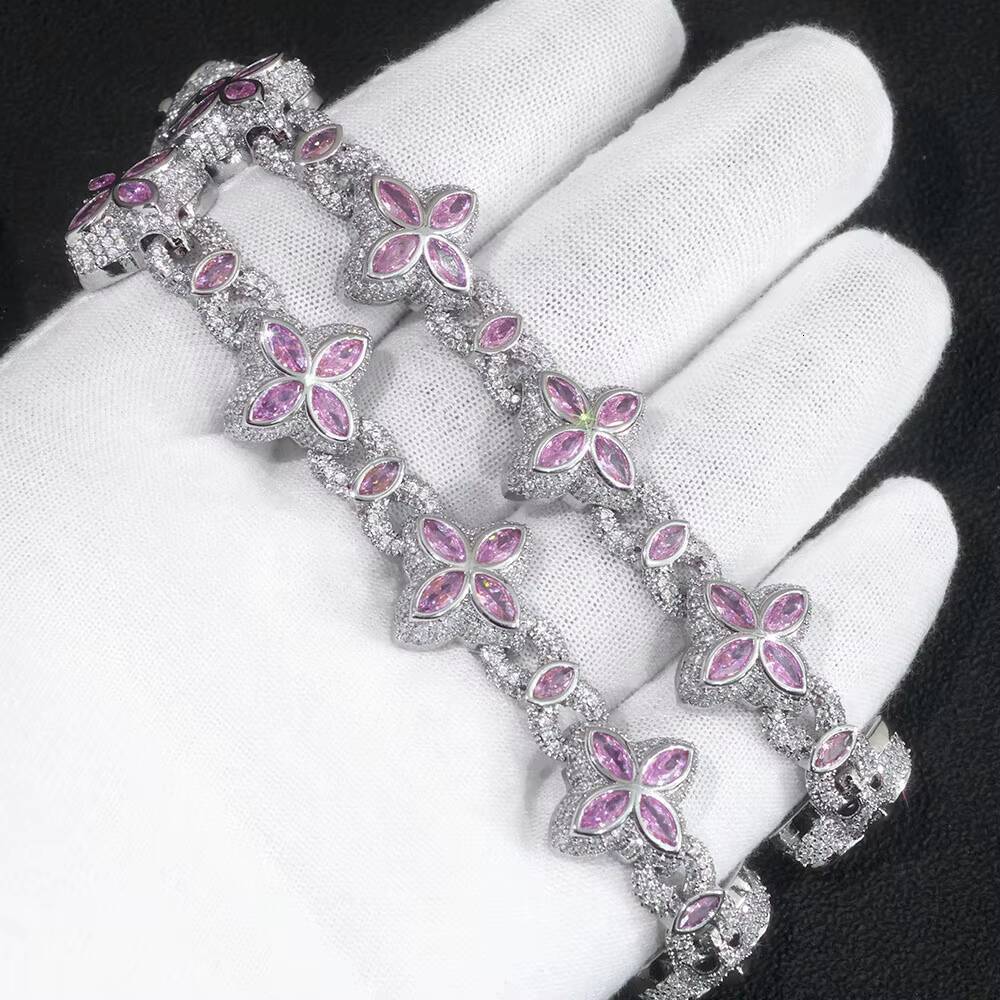 NUOYA Fine Jewelry Silver Plated Cuban Link Chain Colorful Eye Marquise Zircon Iced Out Diamond Four-Leaf Clover Chain Necklace