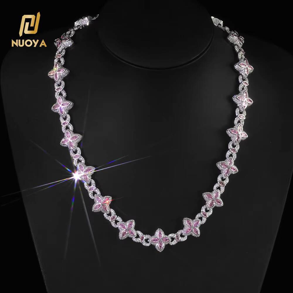 NUOYA Fine Jewelry Silver Plated Cuban Link Chain Colorful Eye Marquise Zircon Iced Out Diamond Four-Leaf Clover Chain Necklace