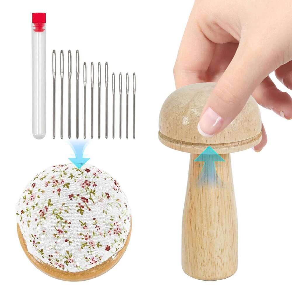 Mini Darning Loom, Mushroom Knit Patch Kit w/ 14 Hooks Hand Tapestry Wood Loom Weaving Frame 50/100 Color Thread for DIY Mending - view 3