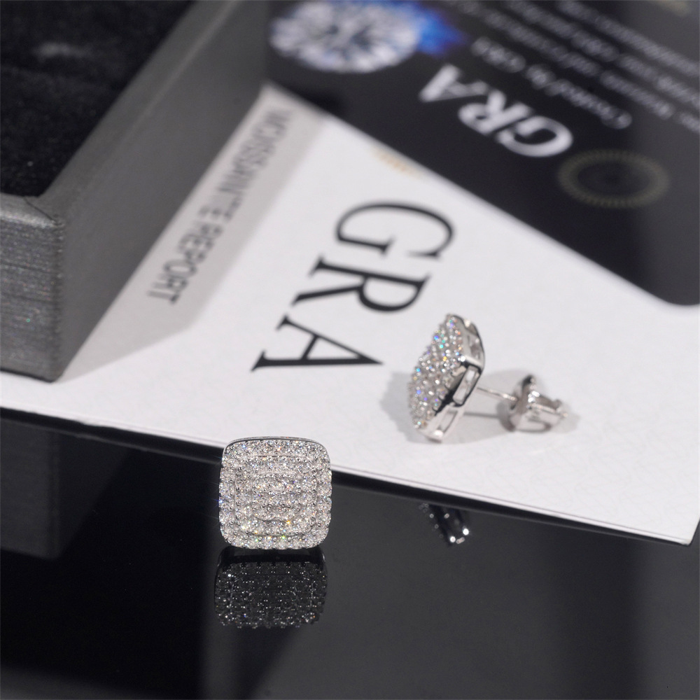 S925 silver three-row full diamond moissanite earrings suitable for both men and women comes with GRA certificate and black card