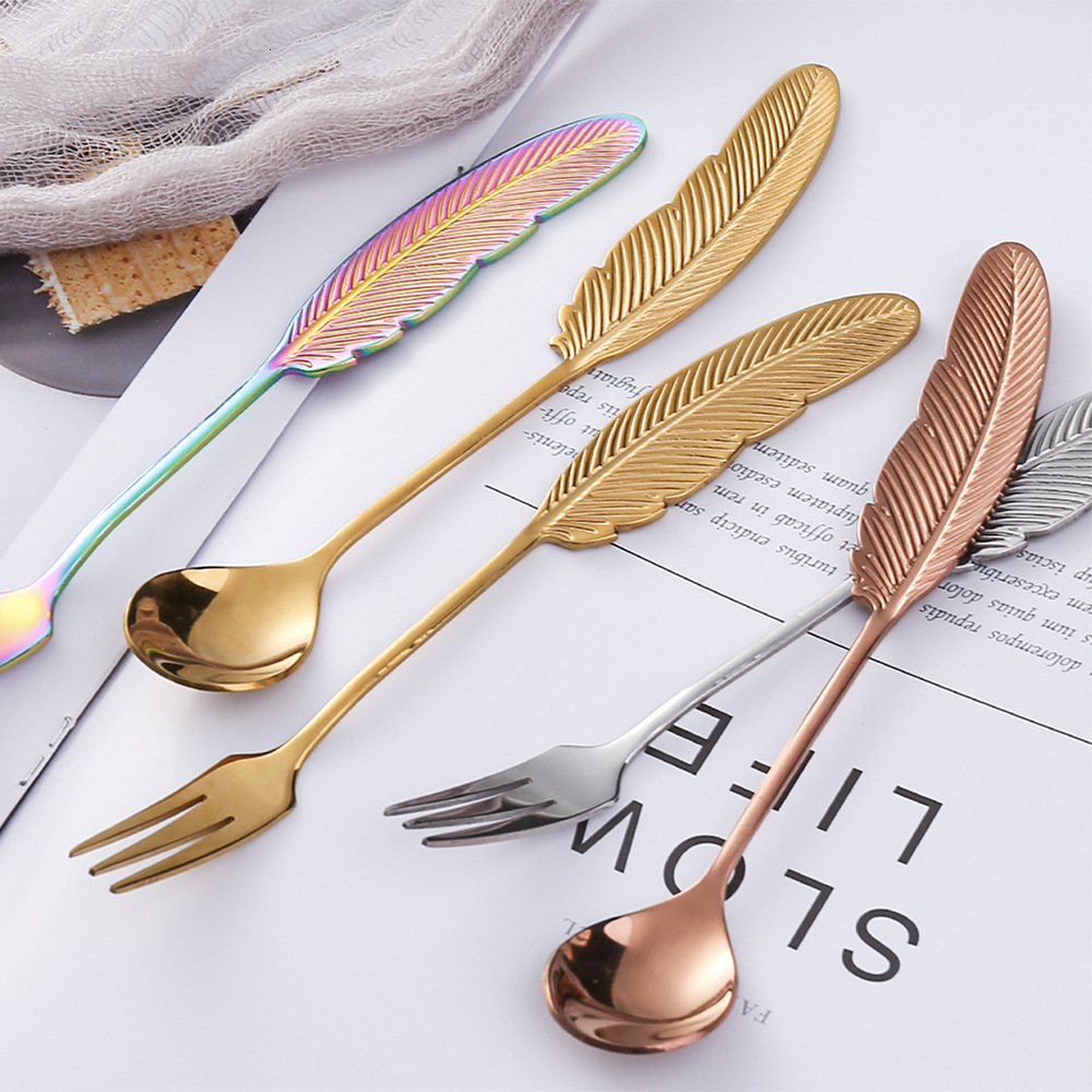 Creative 304 Stainless Steel Feather Shape High-Value Coffee Cute Dessert Spoon Fruit Fork