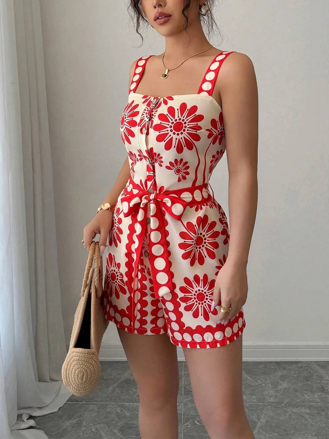 Women Playsuit Summer Strappy Romper Red Floral Print Square Neck Sleeveless Wide Leg Shorts Casual Beach Vacation Jumpsuit dongdumaoyi - view 5