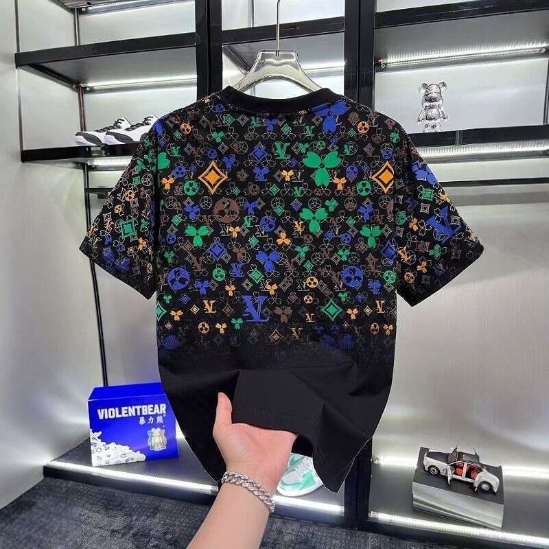 Men's Letter Print & Colorful Pattern T-Shirt, Summer Trendy Round Neck Casual Short Sleeve