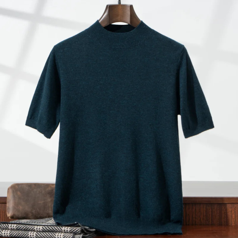 Summer 25 mens knitted 100 wool sweater Tshirt casual short sleeved thin half high neck pullover 260402