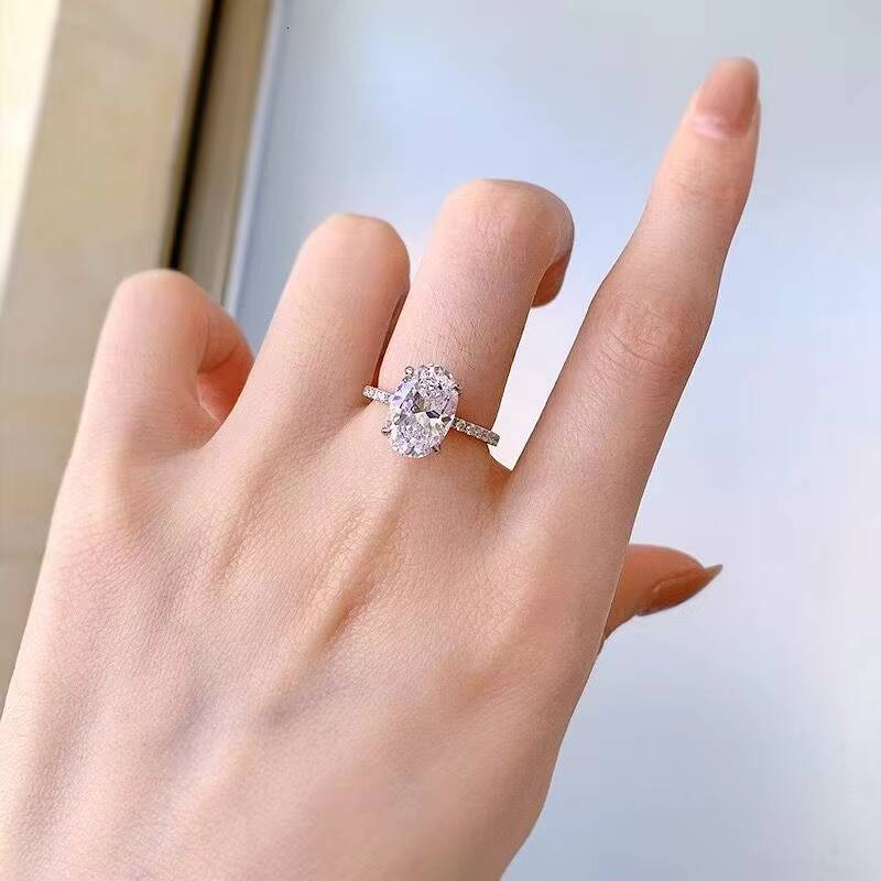 IGI Oval Cut Lab Diamonds Engagement Ring 925 Sterling Silver Gold Plated Luxury Halo Set Half Paved Band Lab Grown Diamond Ring