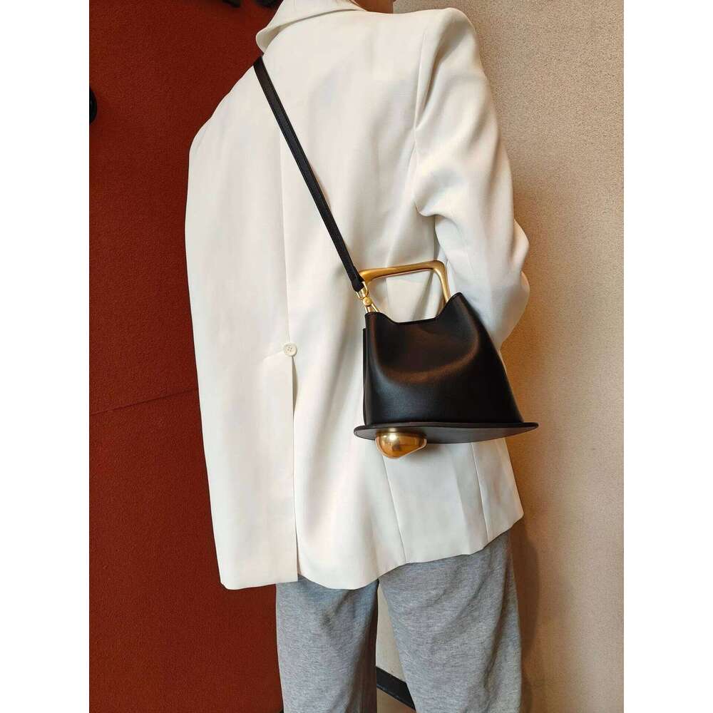 New Stylish High End Bucket Tote Bag For Women Beige Plain Satin Cow Leather Handbag Metal Handle Female Fashion Crossbody Bag Small Purse SENYY