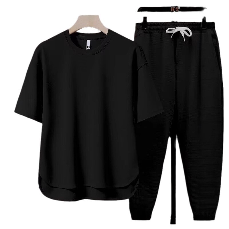 Matching Set Solid Color Men's T-shirt 2026 Designer T-shirt Summer Japanese Trend Ins Short Sleeve Long Pants Two-piece Set