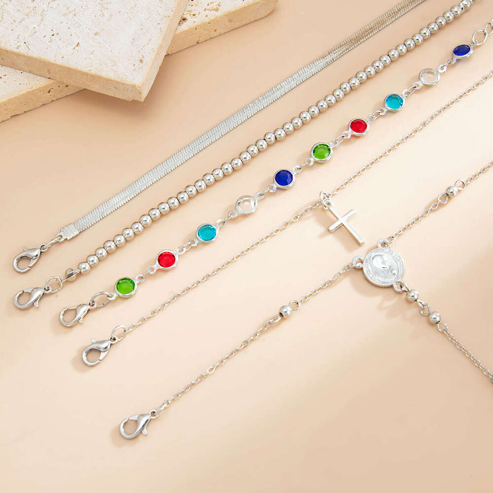 jewelry European and American cross-border colorful crystal beaded finger bracelet set with personalized cross pendant, ins-style layered hand jewelry
