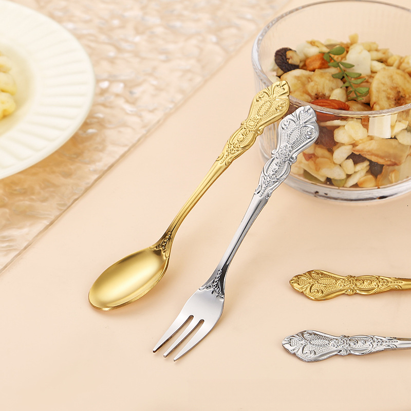 2pcs Cross-Border Royal Court Stainless Steel Coffee Fruit Small Embossed Vintage Dessert Stirring Spoon Fork