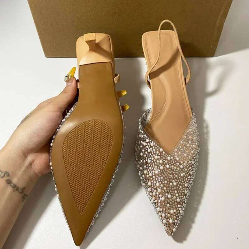 Women's Pointed High Heel Sandals 2025 Summer Sexy Transparent Shallow Fashion Artificial Pearl Decorated Slingback Ladies Shoes