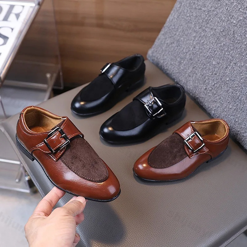 Children Boys Leather Shoes Retro Loafers Fashion Buckle Non-slip Pointed Toe Dress Shoes British Kids Oxford Shoes 260409