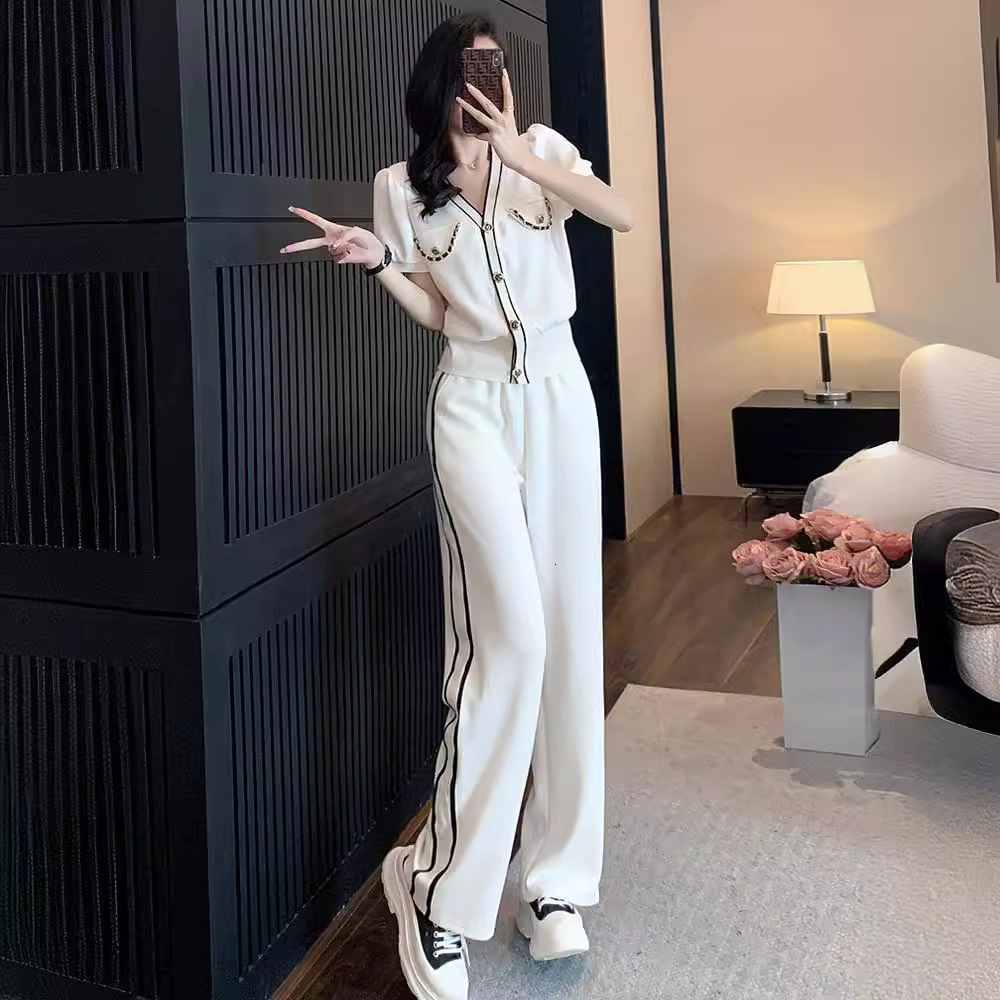 Designer Luxury Brand Women's Fashion Casual Sports Suit 2026 New Summer Elegant Slimming White Casual Wide Leg Pants Two-piece Set Elegant