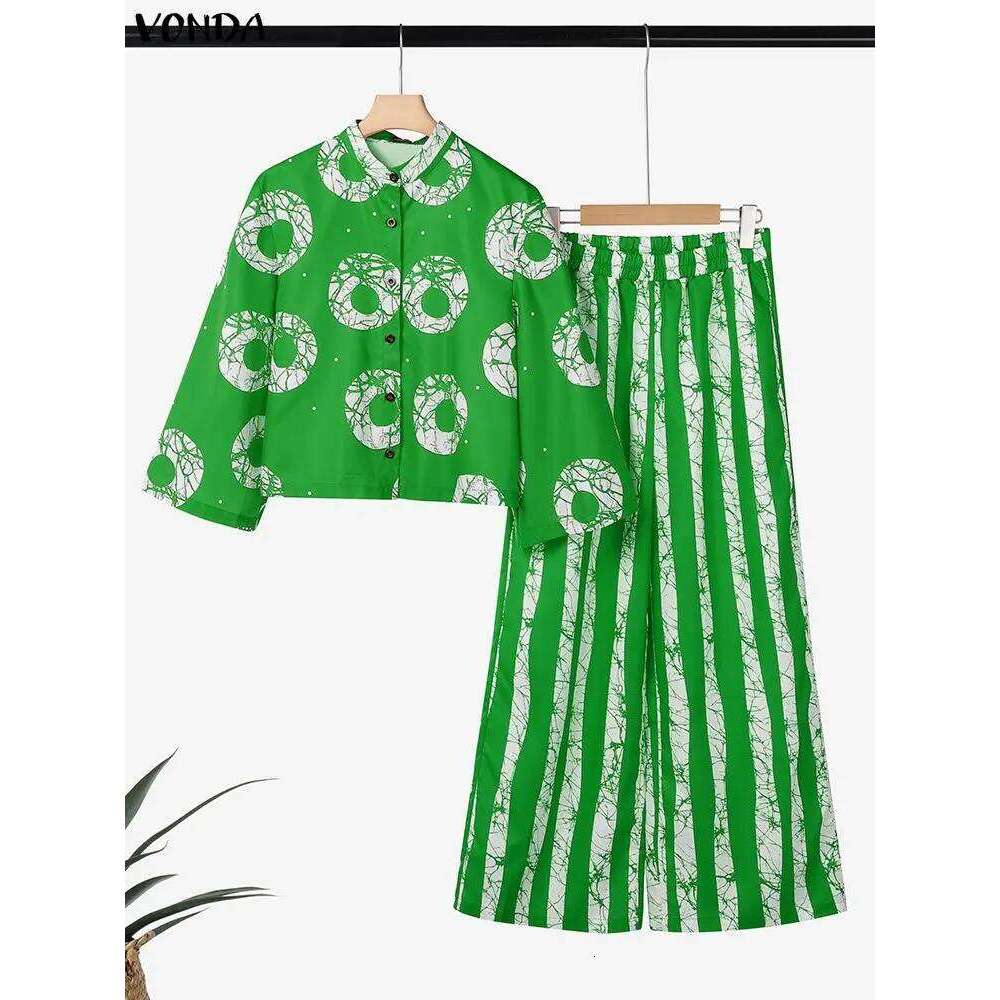 2026 New Arrival Plus Size Women 2 Piece Outfits Bohemian Print Long Sleeve Shirts High Waist Wide Leg Pants Vintage Casual Loose Tracksuit MAKOUFEI