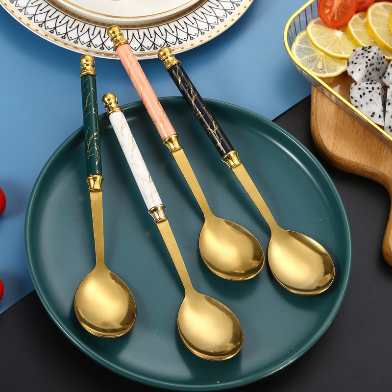 Wholesale Nordic Creative Internet-Famous Stainless Steel with Imitation Ceramic and Patterned Handle for Home Use, Dessert Rice Spoons, Soup Spoons