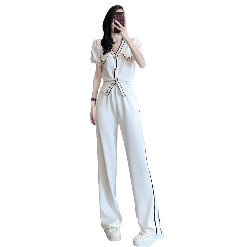 Designer Luxury Brand Women's Fashion Casual Sports Suit 2026 New Summer Elegant Slimming White Casual Wide Leg Pants Two-piece Set Elegant