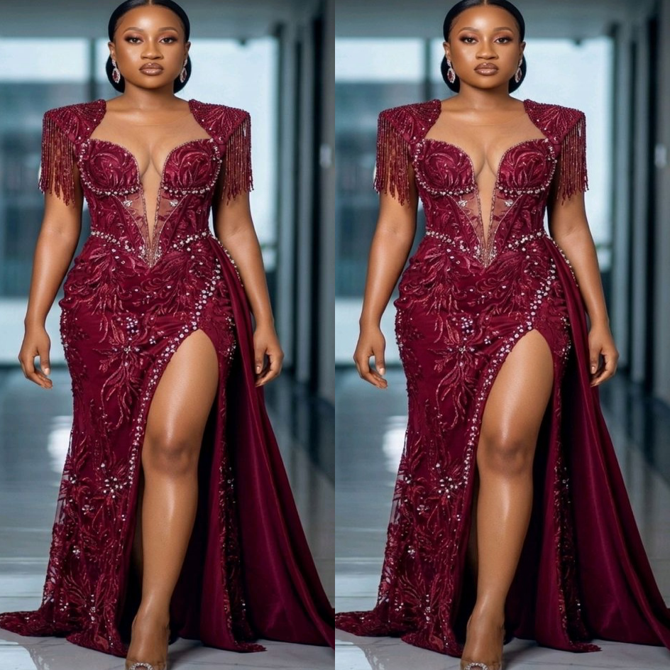 2k26 Burgundy Prom Dress 2026 Mermaid Sheer Neck Crystals Lace Evening Dress Sequined Birthday Formal Women Pageant Dinner Party Gowns Dresses ZJ084