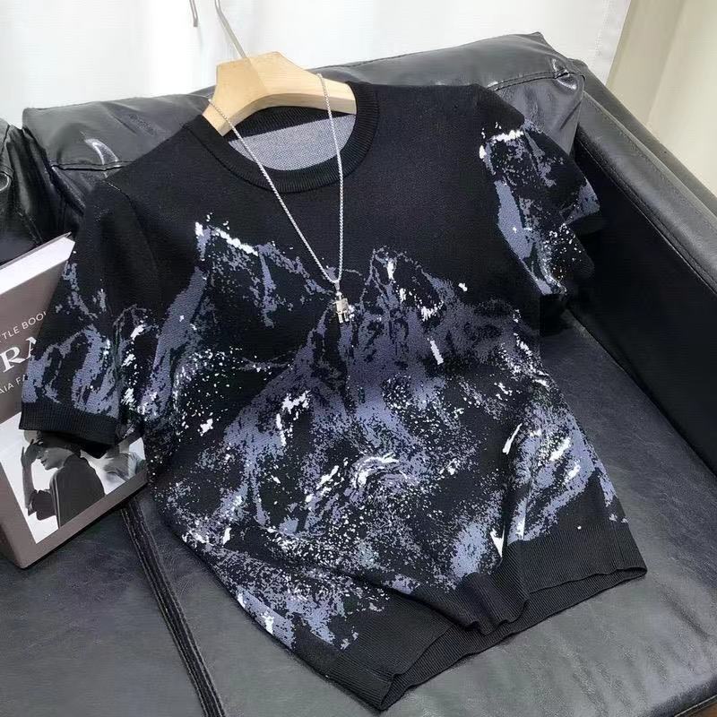 2026 Designer T-shirt Luxury Brand Fashion New Thick Round Neck Pullover Short Sleeved Top Men's Knitted Sweater Striped Jacquard T-shirt Youth B