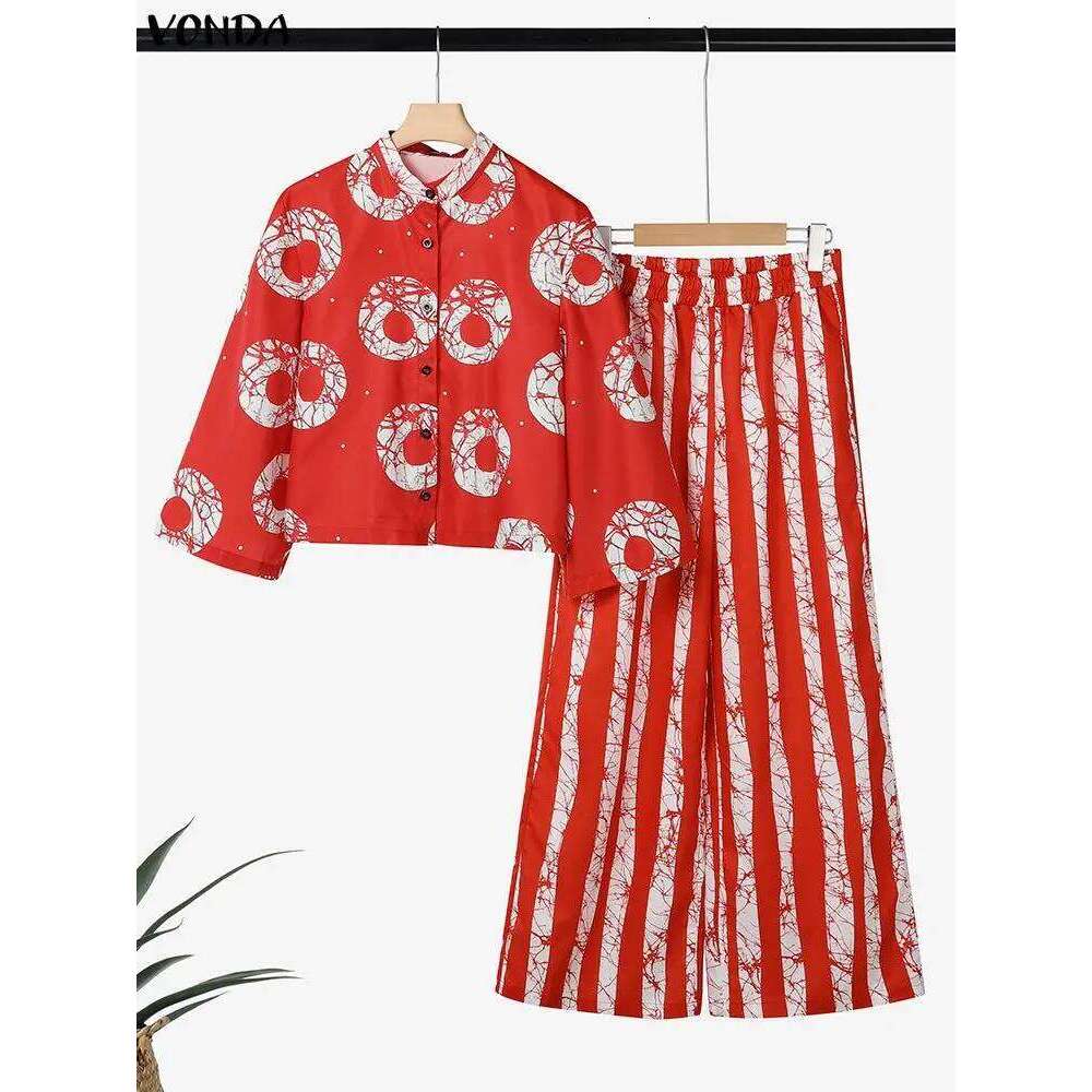 2026 New Arrival Plus Size Women 2 Piece Outfits Bohemian Print Long Sleeve Shirts High Waist Wide Leg Pants Vintage Casual Loose Tracksuit MAKOUFEI