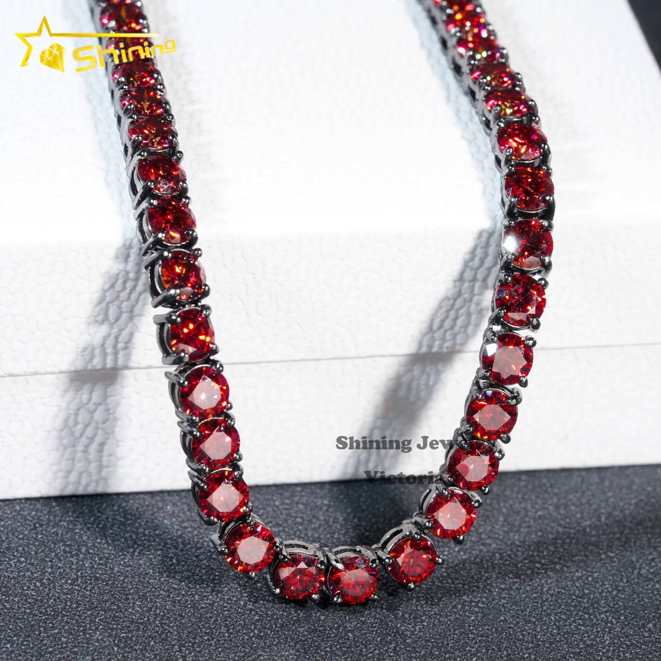 New Arrival 925 Sterling Silver 5MM Red Moissanite Tennis Chain Black Gold Plating 925 Silver Hip Hop Moissanite Necklace