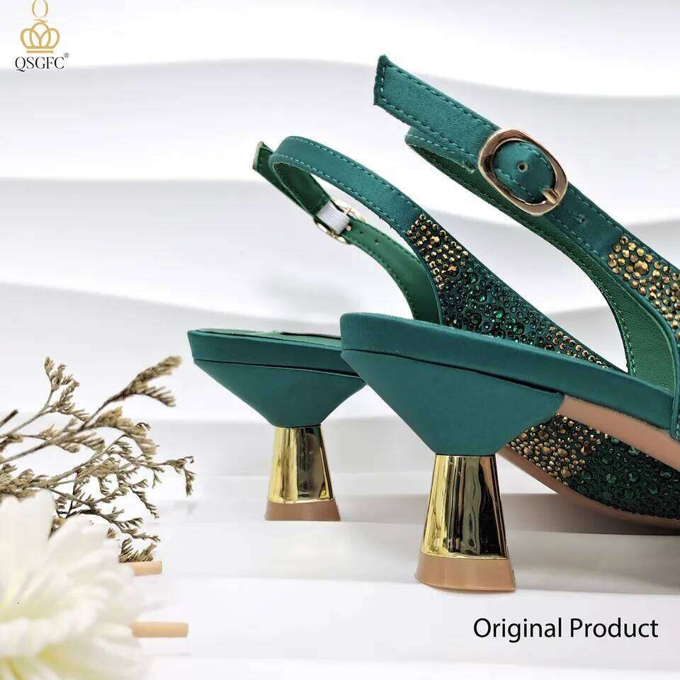 QSGFC Nigerian Women Heel Ladies Italian Design Green Shoes And Bag Set Decorated with Rhinestone Handbag Wedding Party