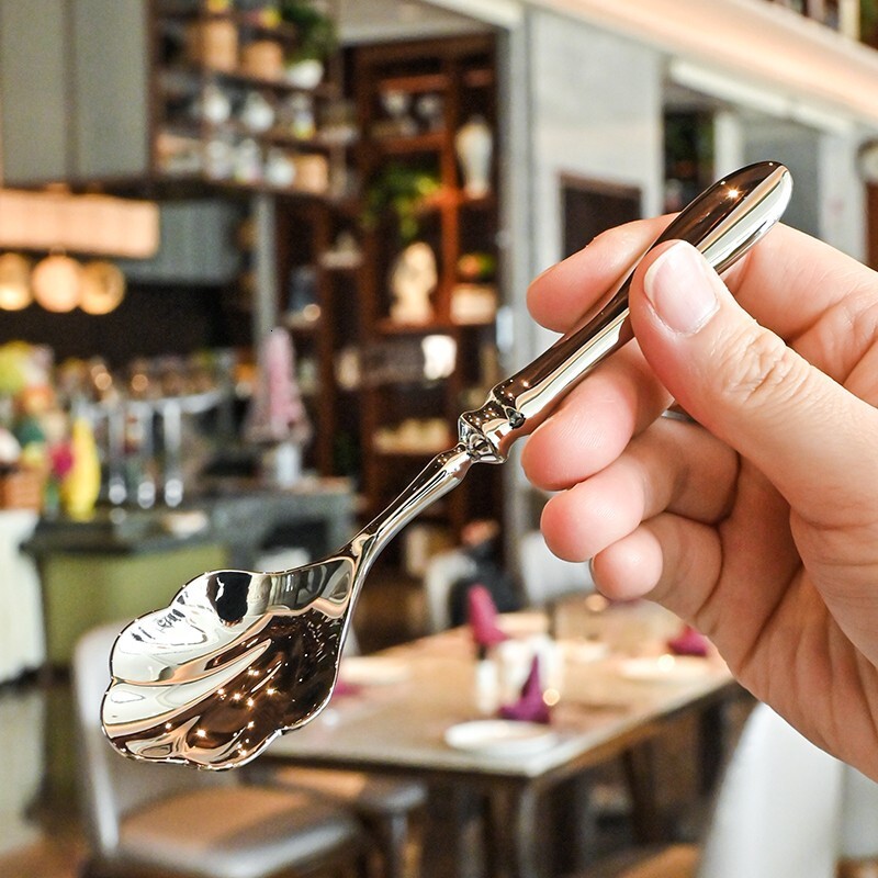 French-style vintage light luxury 304 stainless steel gourd-handled shell spoon and fork, hotel shared serving mixing spoon, factory