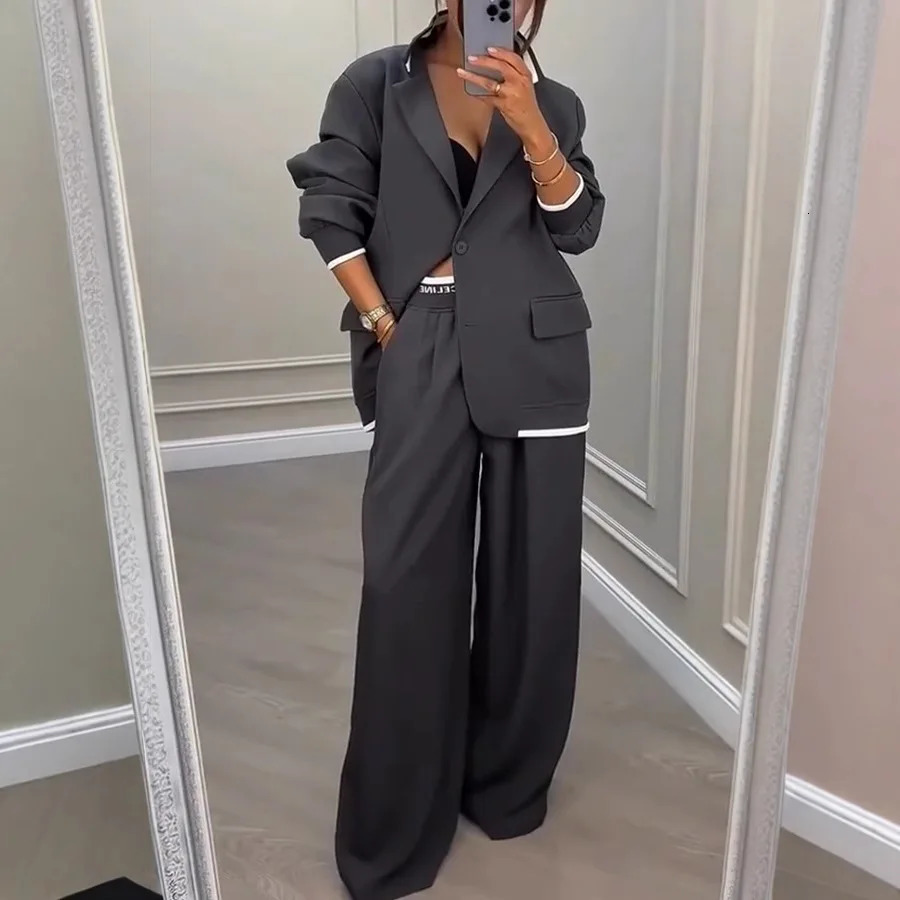 Elegant Dark Gray Acetate Women's Blazer and Wide Leg Pants Set - Relaxed Fit Two-Piece Suit for Business