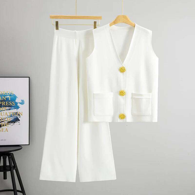 Casual Knit Pieces Suit Women V neck Sleeveless Single Breasted Slim Tank Wide leg Pants Female Set Spring Summer MAKOUFEI