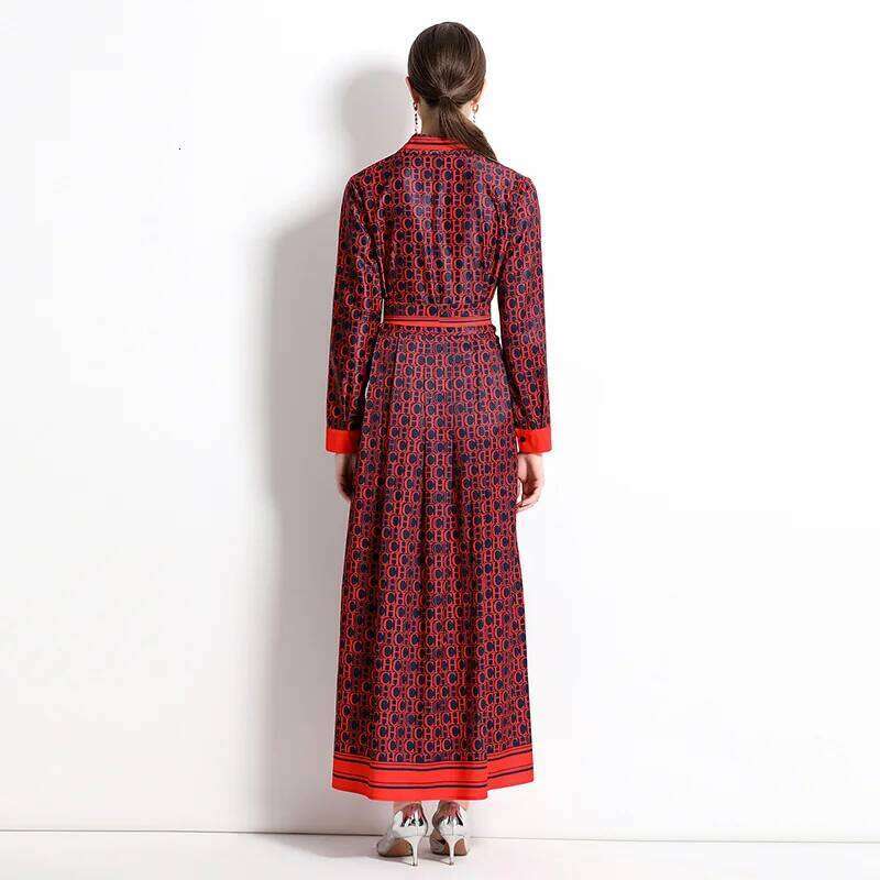 Famous brand Spring New Silk Satin European American Fashion Waist slimming Printed Dress with Belt and Knee length Skirt MAKOUFEI MAKOUFEI