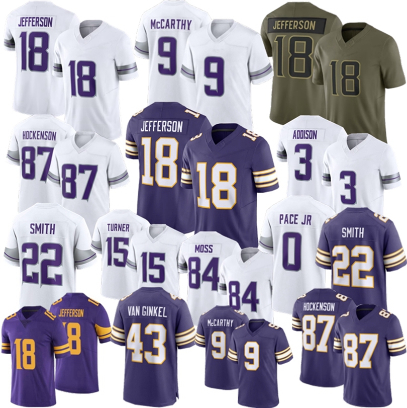J.J. McCarthy Justin Jefferson Football Jersey Pace Jr Turner Kyler Murray Jones Hockenson Addison Randy Moss Smith Carter