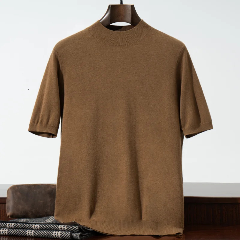 Summer 25 mens knitted 100 wool sweater Tshirt casual short sleeved thin half high neck pullover 260402