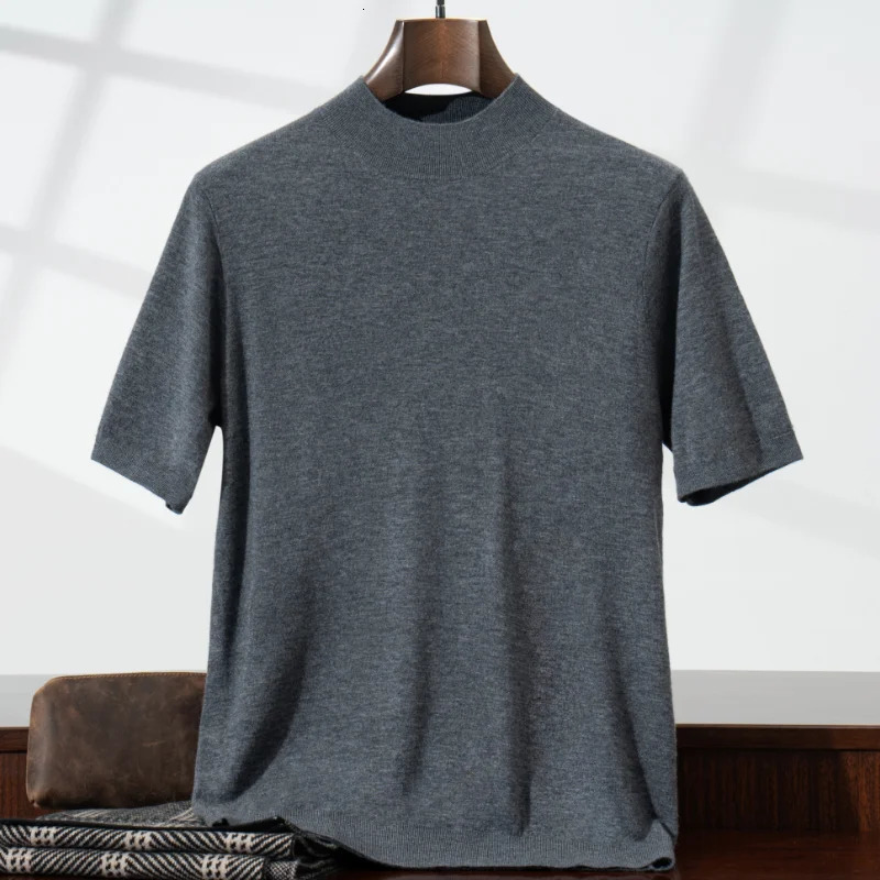 Summer 25 mens knitted 100 wool sweater Tshirt casual short sleeved thin half high neck pullover 260402