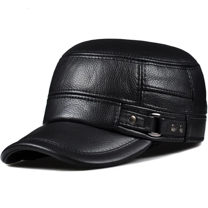 Winter Genuine Leather Cap Mens Flat Caps Military Hat Elegant Man Baseball Cap British Vintage Cowhide Ear Warm Hat 260408 - view 5