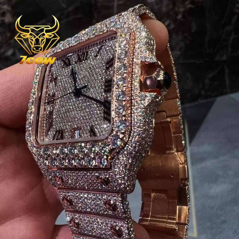 Hip Hop Style Full Iced Out Diamond Automatic Watch Stainless Steel Rose Gold VVS Moissanite Watches