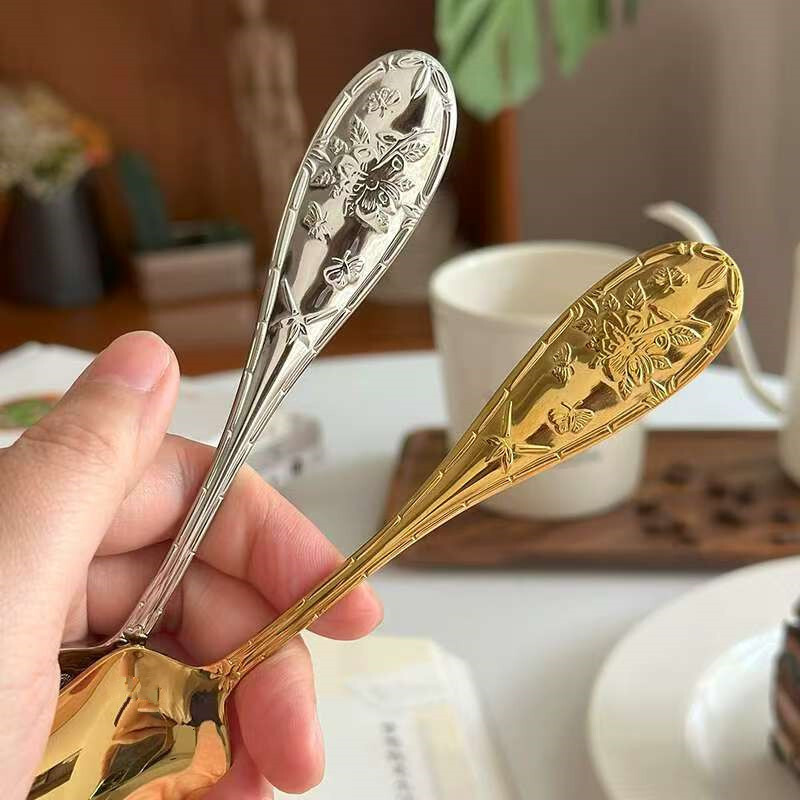 Stainless steel with exquisite and attractive design, luxurious butterfly embossed square head household ice cream spoon, dessert spoon 2ps