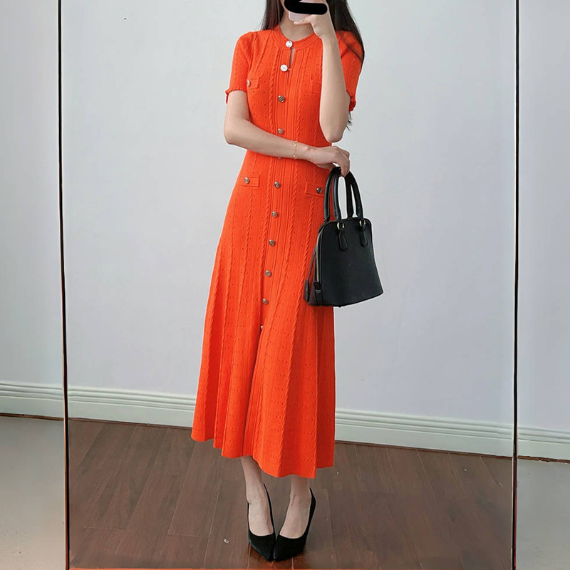 Casual Dresses Summer Solid Round Neck Short Sleeved Office Lady Knitted Dress Women Korean Single Breasted Hollow Out Long Fashion Trend