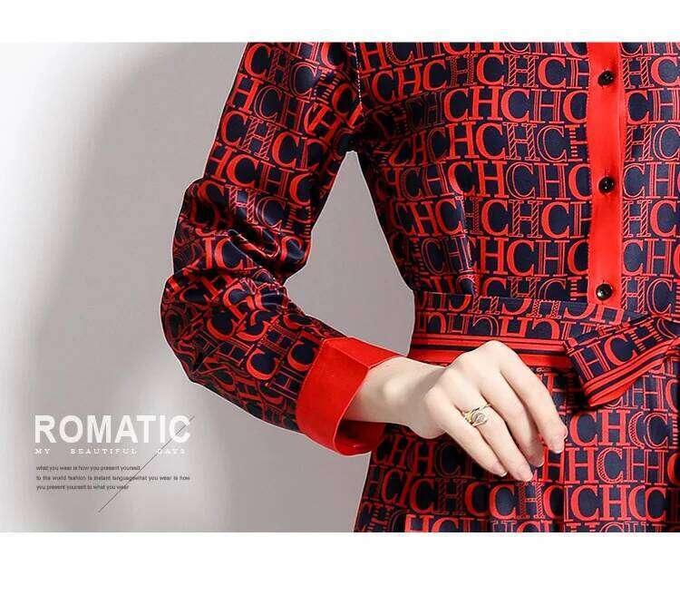 Famous brand Spring New Silk Satin European American Fashion Waist slimming Printed Dress with Belt and Knee length Skirt MAKOUFEI MAKOUFEI