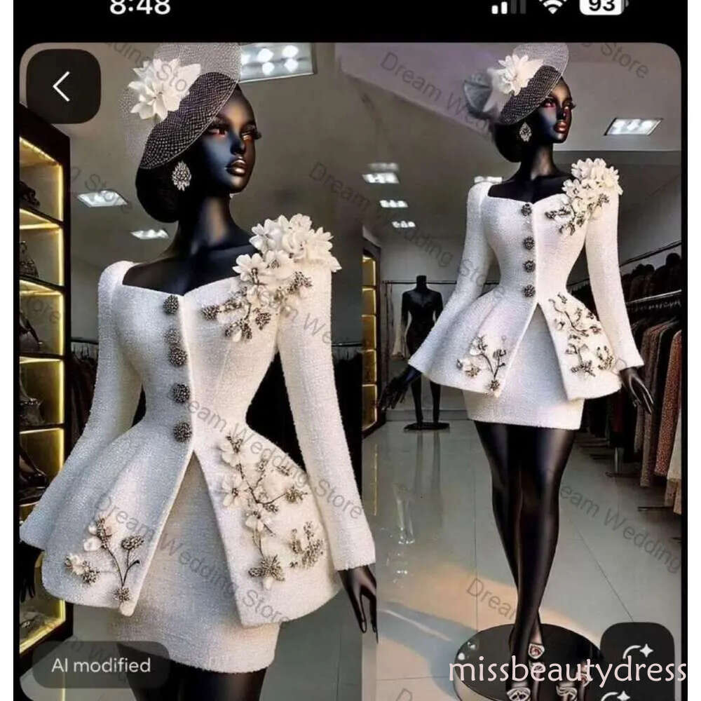 White Women Suit Set 2 Pcs Blazer+Short Mini Prom Dress 3D Flower Fall Formal Office Lady Jacket Customized Wedding Guest Coat ZD10