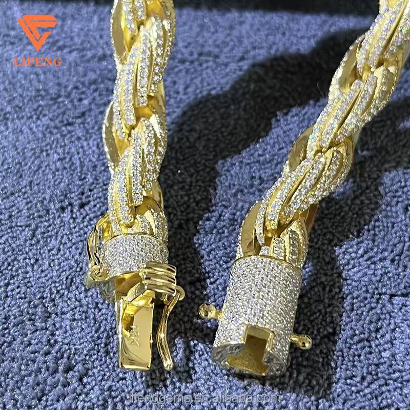 18k Gold Plated 10mm Iced Out Miami Rope Chain VVS D Colour Moissanite Cuban Link Chain Choker for Men Hip Hop Rope Necklace