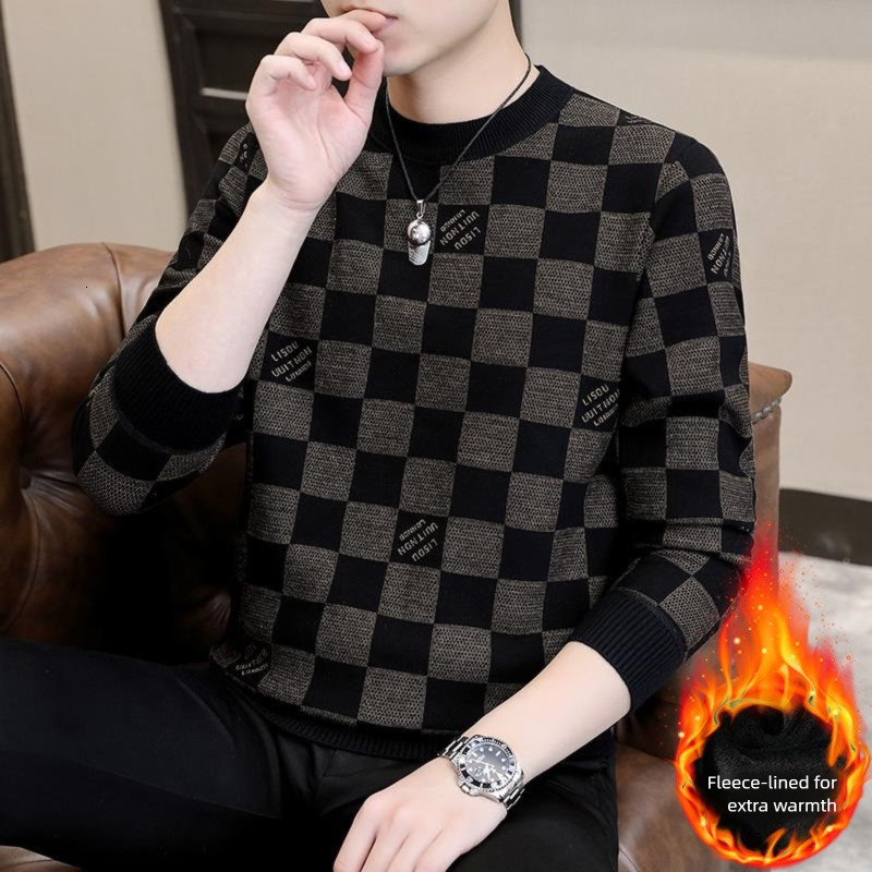Designer Jacket - Men's Thick Wool Round-neck Sports Shirt Fall/winter Casual Checkered Long-sleeved T-shirt Warm Basic Style Blouse Luxurious Ja