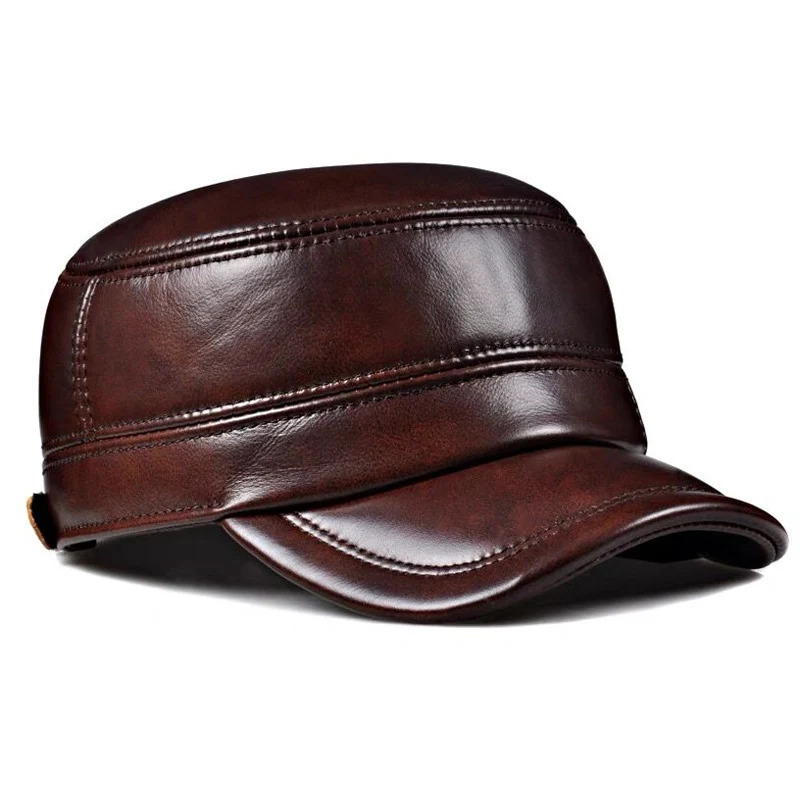 Winter Genuine Leather Cap Mens Flat Caps Military Hat Elegant Man Baseball Cap British Vintage Cowhide Ear Warm Hat 260408 - view 3