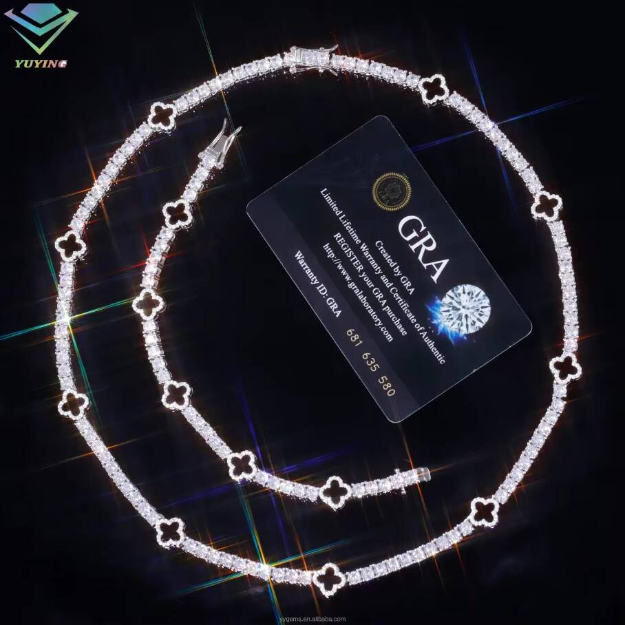 Yu Ying Design 925 Sterling Silver VVS Mossanite Diamond With Four Leaf Clover Black Agate Necklace Moissanite Tennis Chain