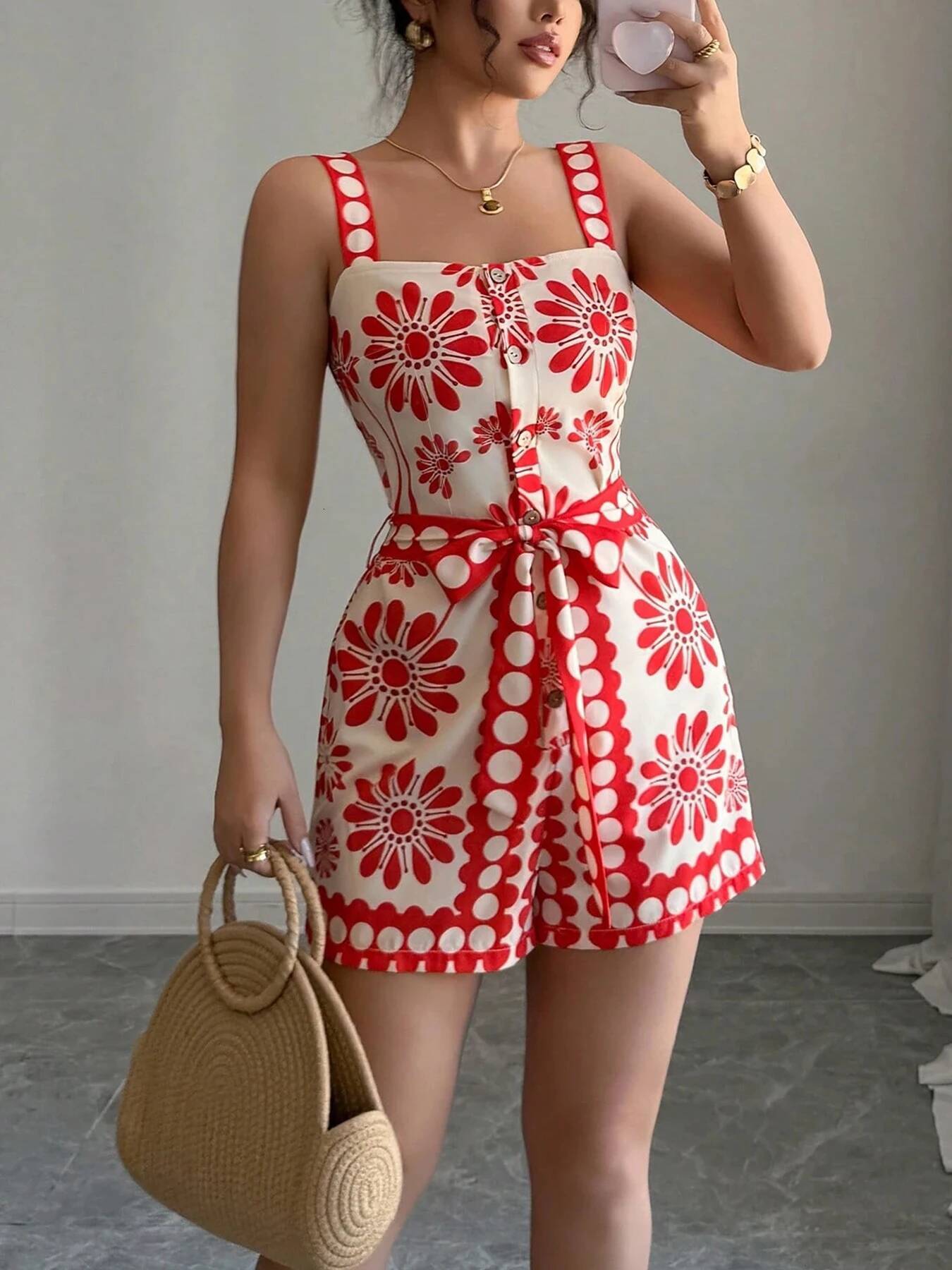 Women Playsuit Summer Strappy Romper Red Floral Print Square Neck Sleeveless Wide Leg Shorts Casual Beach Vacation Jumpsuit dongdumaoyi