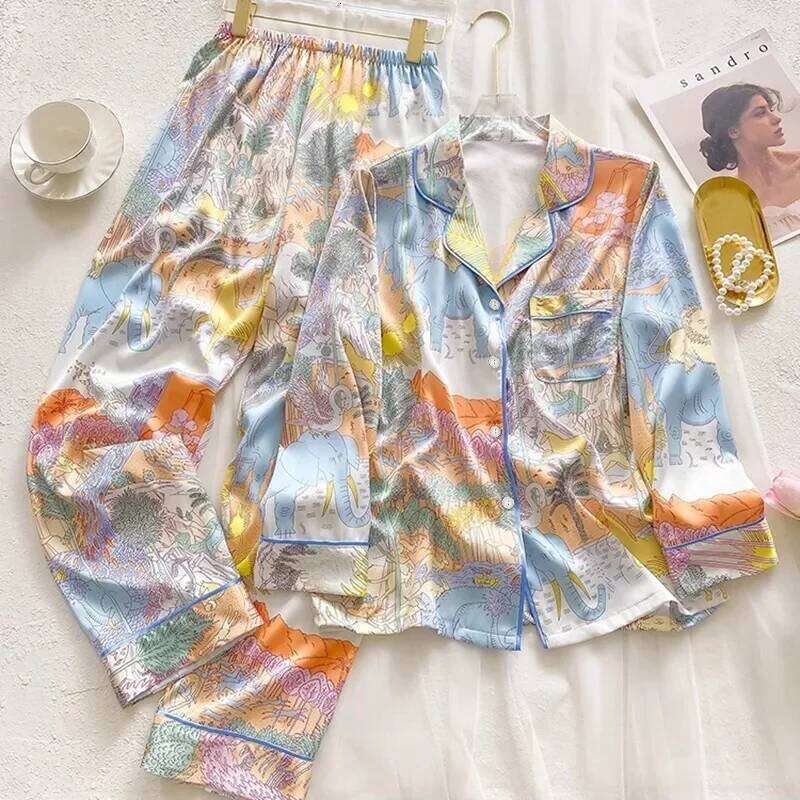 Women Faux Silk Satin Pajamas Set Spring Autumn Animal Print Long Sleeve Pyjama Soft Comfortable Nightwear Loungewear Homewear Casual Sleepwear Pjs MA
