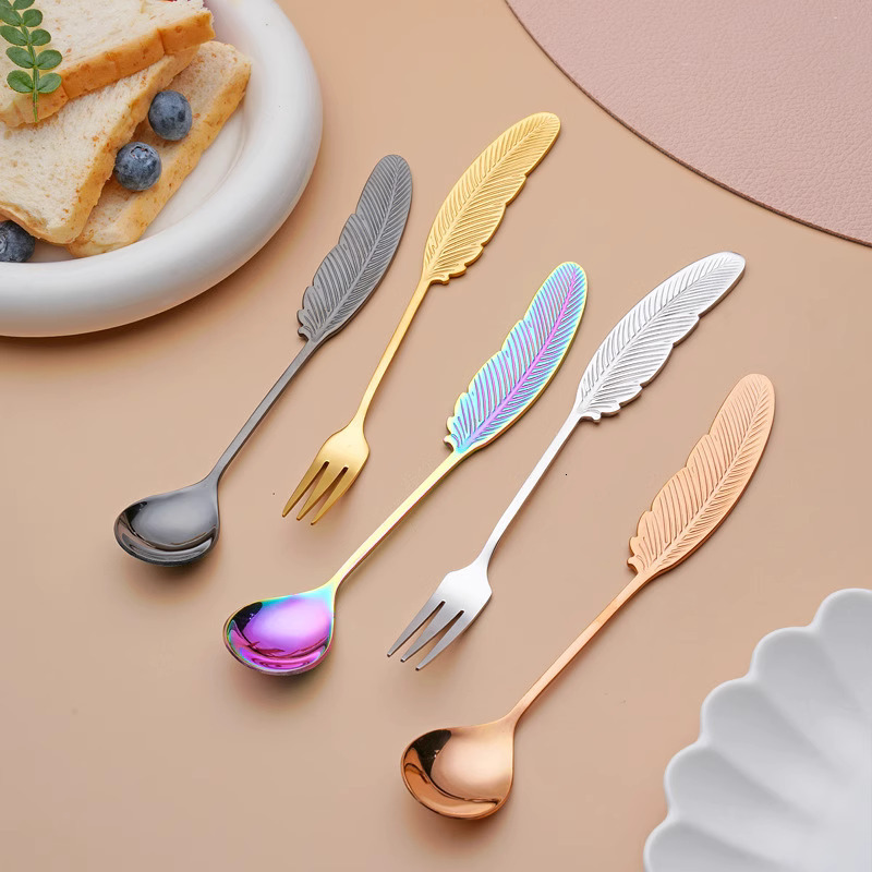 Creative 304 Stainless Steel Feather Shape High-Value Coffee Cute Dessert Spoon Fruit Fork