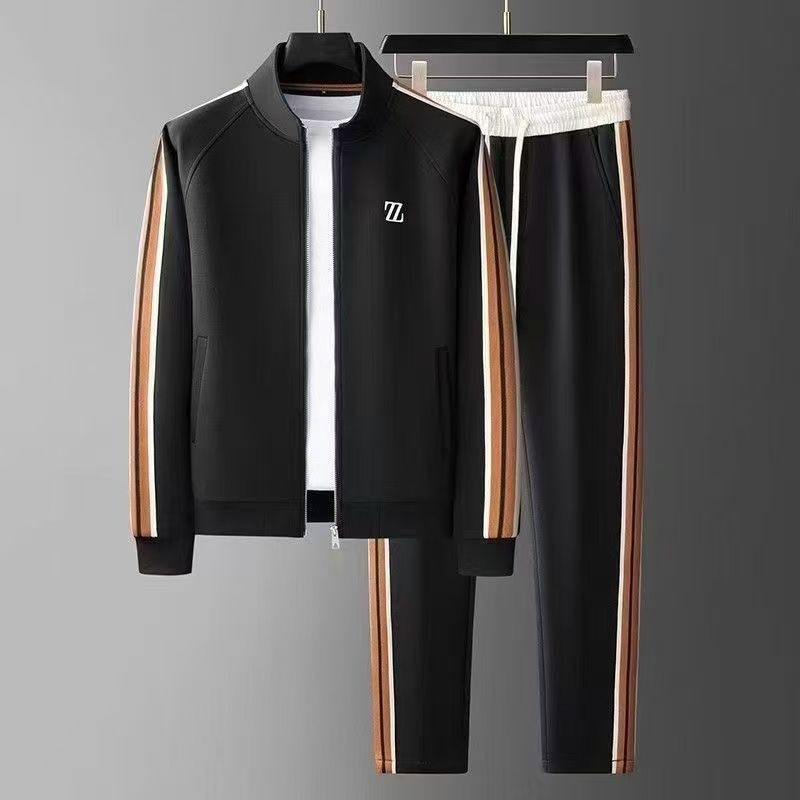 Men's New Autumn Stand Collar Casual Sports Set, Trendy Fashion Sportswear, Long Sleeve & Straight-Leg Pants 2-Piece Set